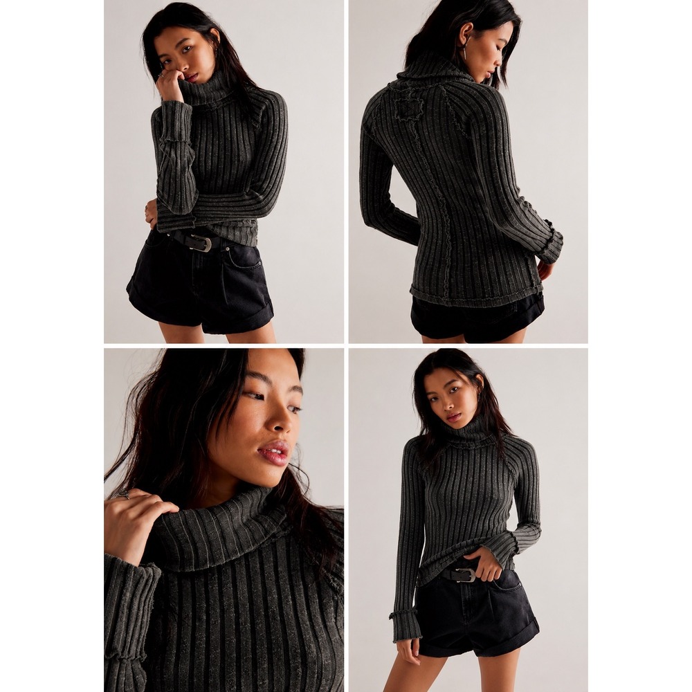 We The Free Just You Turtleneck XL Gray Ribbed Distressed Flared Sleeve Grunge